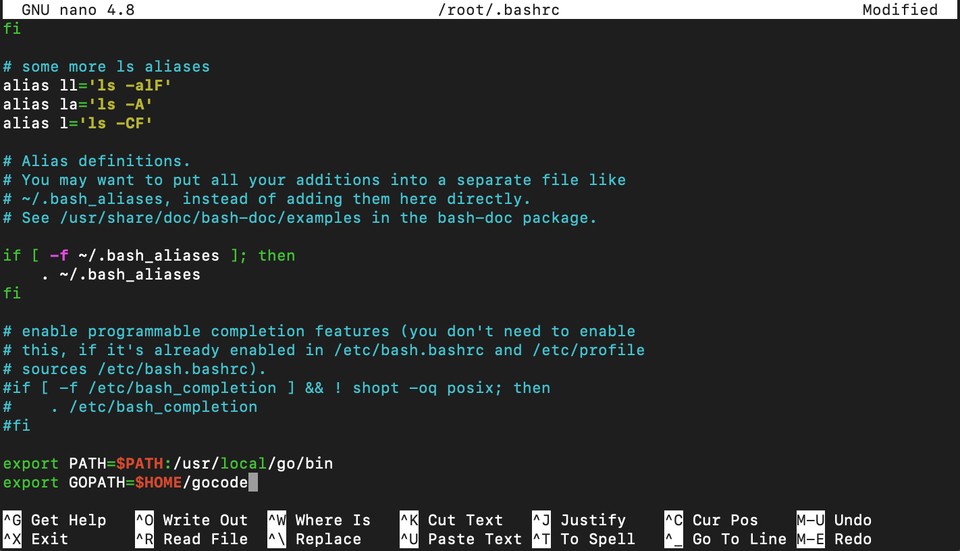 Nano .bashrc file content